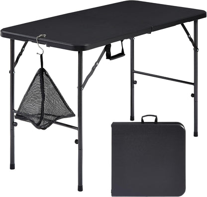 VECELO Folding Table 4 Foot with Mesh Bag, Indoor Outdoor Heavy-Duty Portable w/Handle,Fold-in-Half for Picnic, Party, Camping, Matte Black