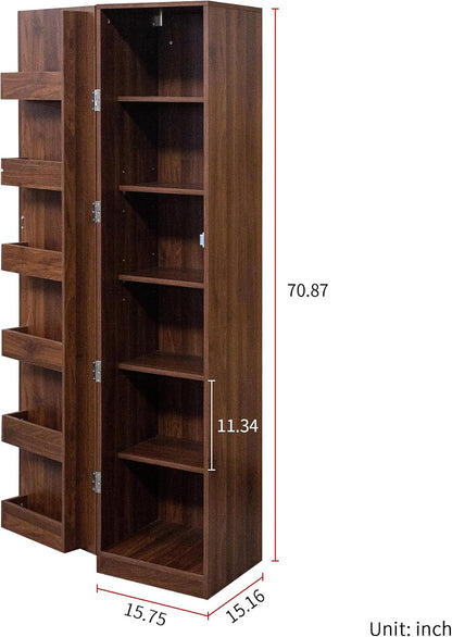 70" Tall Slim Pantry Cabinet with Side Racks & Adjustable Shelves (Walnut) | Space Saving Freestanding Slim Narrow Cabinet Single Door with Shelves & Racks for Kitchen Dining Room Small Spaces