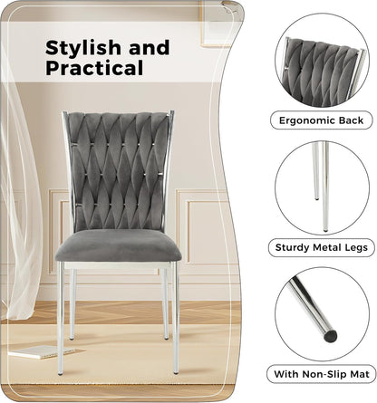 Velvet Dining Chairs Set of 4, Modern Woven Kitchen Chairs with Silver Metal Legs, Upholstered Cushion with High Back, Dirt Resistance, Easy to Install, for Living Room, Dining Room - Dark Grey