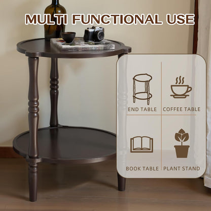 Accent Wood End Table, 2-Tier Round Bedside Table, Natural Side Table Nightstand for Family, Bedroom, Living Room, Handcrafted Finish, Walnut