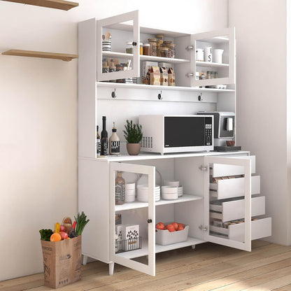 74" Tall Kitchen Pantry Storage Cabinet with Drawers, Microwave Shelf & Hutch, Modern Freestanding Kitchen Cabinets with Countertop & Hook Up, White Buffet Cabinet, (63" W x 15.7" D x 74.8" H)