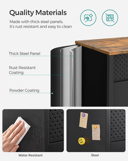 SONGMICS Storage Cabinet, Metal Cabinet, Sideboard with 2 Doors, 15.7 x 31.5 x 29.9 Inches, Magnetic Closure, Adjustable Shelf, Steel Frame, Rustic Brown and Black ULSC102B01