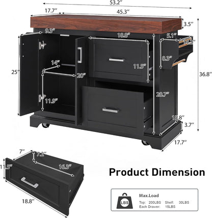 53" Large Kitchen Island with 3.5" Thick Desktop, Spice and Towel Racks, Rolling Kitchen Island with Storage on 5 Wheels, 2 Extra-Large Drawers, for Home, Kitchen, Dining Room, Black
