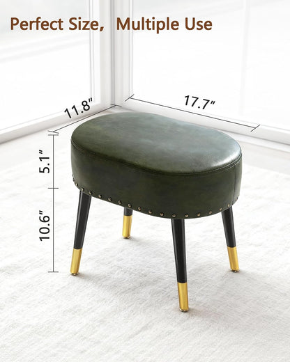 LITZFUR Vintage Vanity Stool Chair, Leather Foot Rest Stool, Green | Oval Ottoman with Metal Legs, Rivet Stool, Padded Seat for Makeup Room, Living Room, Bedroom, 17.7''L x 11.8''W x 15.7''H
