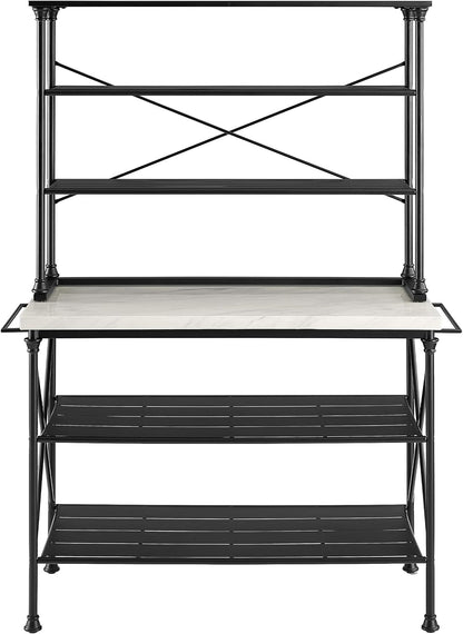 Crosley Furniture Madeleine Kitchen Island and Hutch with Shelves for Storage, Microwave Stand, Coffee Bar, Steel with Faux Marble Top