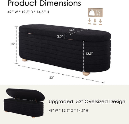 53" Storage Bench Teddy Ottoman Bench Upholstered Fabric Bench End of Bed Stool with Safety Hinge for Bedroom, Living Room, Entryway, Black