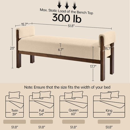 VKNOW 51.8”End of Bed Bench Upholstered Bedroom Bench with Arms, Brown | Solid Rubberwood Legs, Soft Fabric, Thickened seat cushion, Bedroom Living Room Entryway Dressing Areas, Easy to Assemble