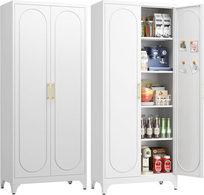 UNICOLY 75" Tall Pantry Storage Cabinet with Doors and 4 Adjustable Shelves, Freestanding Cupboard for Kitchen, Dining Room, Living Room, Bathroom, White