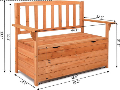 Outdoor Cedar Wood Storage Bench with Backrest and Armrests | 44.09 x 22.83 x 33.07 Inch, 440 lbs Capacity