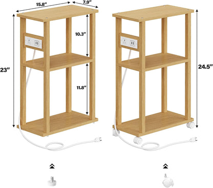 TUTOTAK Small Narrow Side Table with Charging Station, Skinny End Table for Small Spaces, Slim Nightstand with USB Ports and Outlet, Sofa Beside Table with Wheels, Natural TB01BN047