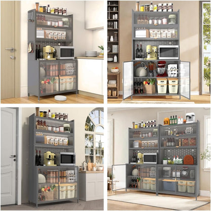 73'' Tall Kitchen Pantry Cabinet, 2 Level Flip Door with Pegboard Metal,Anti-Tip Design Hutch for Kitchen,Dining Room, (Gray)