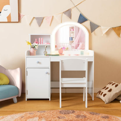 HONEY JOY Kids Vanity with Lights, Little Girls Vanity Set with Mirror and Stool and Lights, Wooden Princess Makeup Dressing Table, Storage Cabinet, Pretend Play Kids Vanity Table and Chair Set(White)