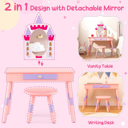 Costzon Kids Vanity Set, Girls Vanity Set with Mirror and Stool, Princess Makeup Dressing Table with Drawer, Growth Chart, Floating Shelves, Kids Vanity Table and Chair Set, Pink
