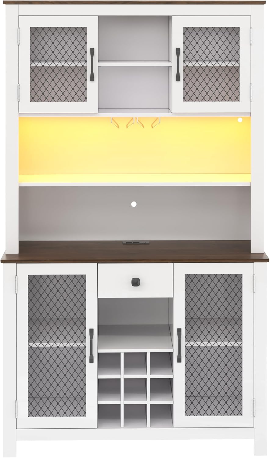 70.9" Kitchen Pantry Storage Cabinet, Rustic Bufft Cabinet with Doors and LED Outlets, Wooden Kitchen Hutch Cabinet with Shelves for Dining Room, White