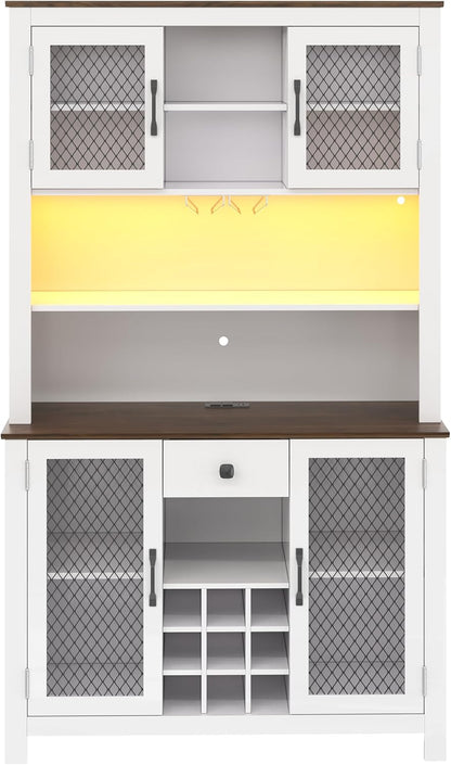 70.9" Kitchen Pantry Storage Cabinet, Rustic Bufft Cabinet with Doors and LED Outlets, Wooden Kitchen Hutch Cabinet with Shelves for Dining Room, White