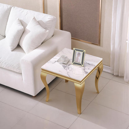 Marble End Table, Modern White Faux Marble Sofa Side Table with Gold Stainless Steel Legs, Luxury Sqaure Accent Side Table Bedside Table Nightstand for Living Room Bedroom Office