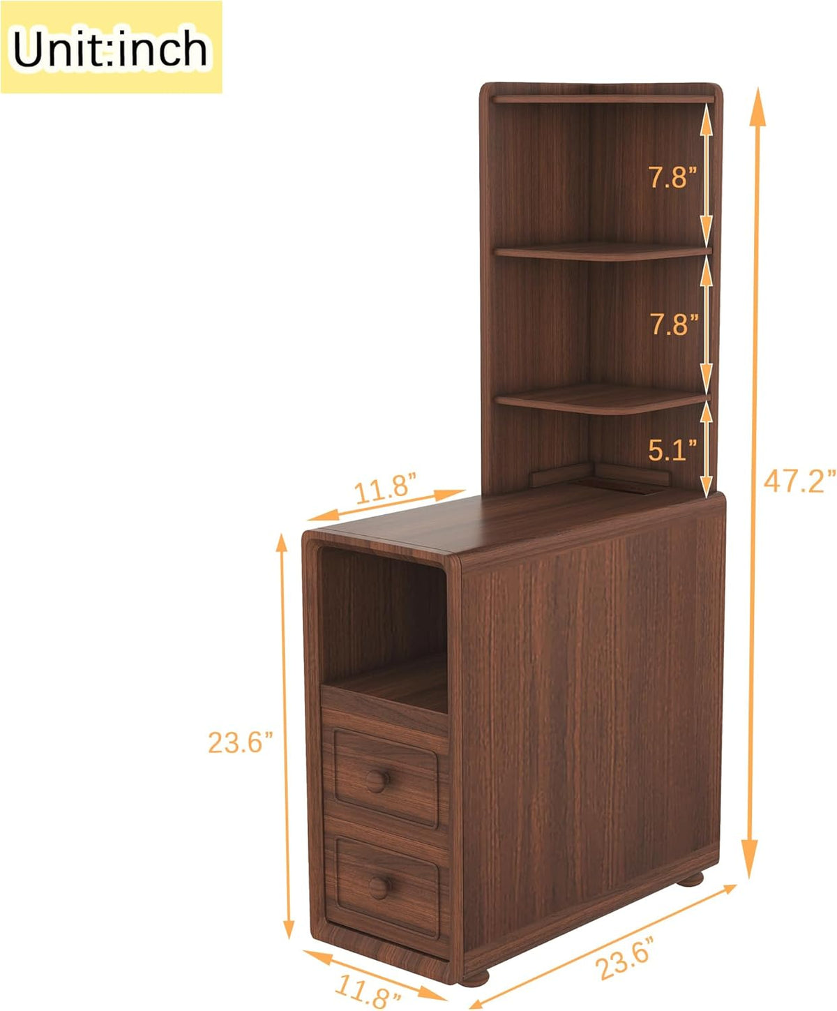 Walnut Corner Tables with Drawers & Open Shelves, Tall & Bedside Nightstands with Charging Station for Living Room & Bedroom