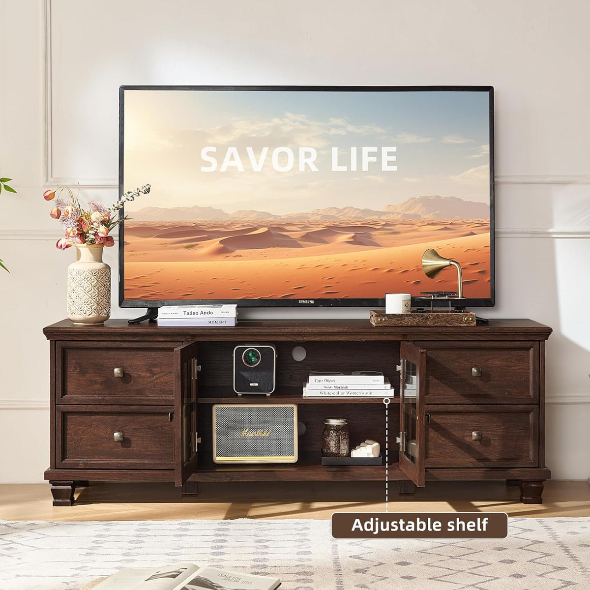 SAVOR LIFE Farmhouse TV Stands for Living Room, Walnut | Heavy-Duty Rustic Entertainment Center with 4 Drawers & Thickened Top & Square Wooden Legs for 65 Inch TV