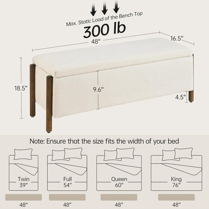 Usaint 47" Fabric Upholstered End of Bed Storage Ottoman Bench, Beige | Entryway Bench with Storage and Rubberwood Legs, 24.5 Gallons Storage Space, Hinged, for Bedroom, Living Room
