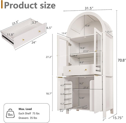 71" Fluted Tall Arched Kitchen Pantry Cabinet with Glass Doors, Farmhouse Storage Cabinet with Adjustable Shelves & Hidden Drawer, Freestanding Cupboard Console for Living Room, Dining Room (White)