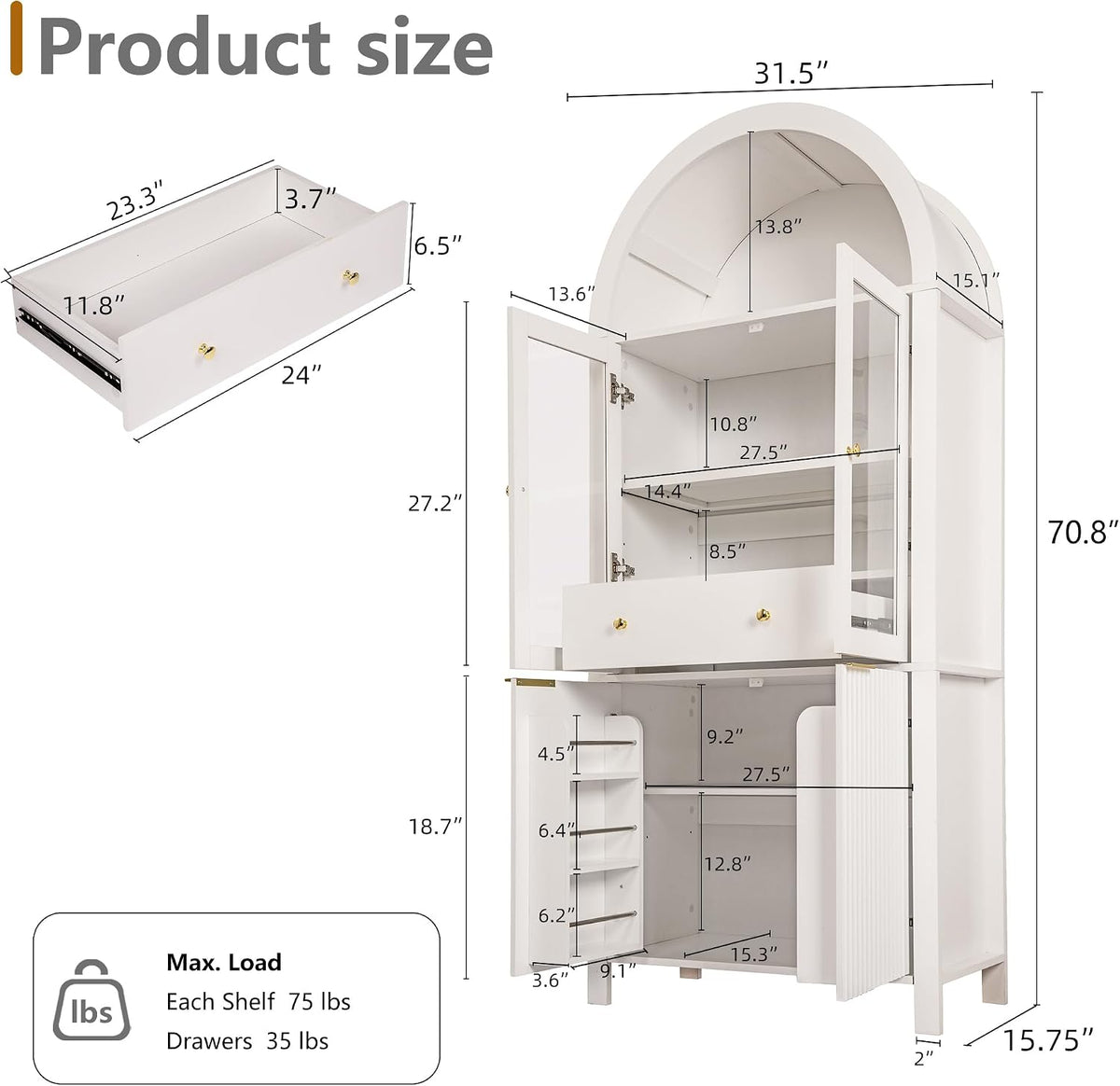 MERITLINE 71" Fluted Arched Pantry Cabinet with Glass Door & Hidden Drawer - Tall Display Storage Cabinet with Adjustable Shelves for Kitchen, Dining Room, Living Room (White)