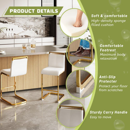 Bar Stools Set of 3,Gold Bar Stools with Back,25" White Island Chairs with Gold Chrome Plated Metal Leg,Faux Leather Counter Height Barstools for Pub Kitchen Counter
