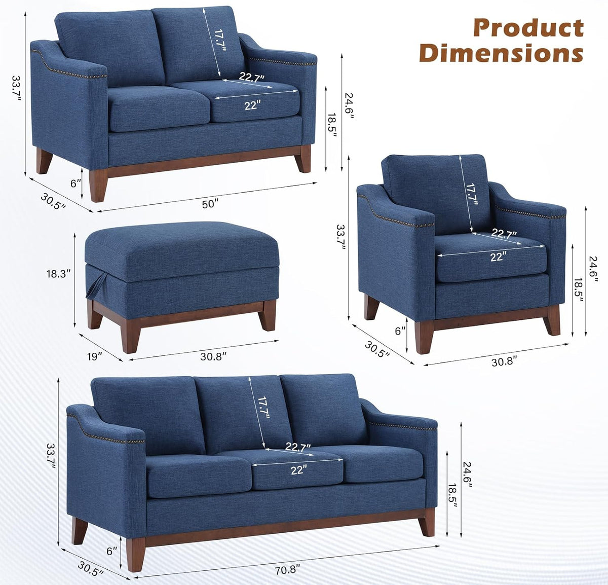 HAOMARKETS Vintage Upholstered Armchair Set of 2 with Nailhead Trim and Solid Wood Legs, Comfortable Accent Chair for Living Room & Bedroom, Blue