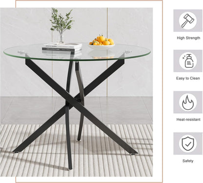 36" Round Glass Dining Table for 4, Circle Kitchen Table with Tempered Glass Top and Black Metal Cross Legs, Modern Small Glass Coffee Dinner Table for Kitchen Dining Room Apartment Office