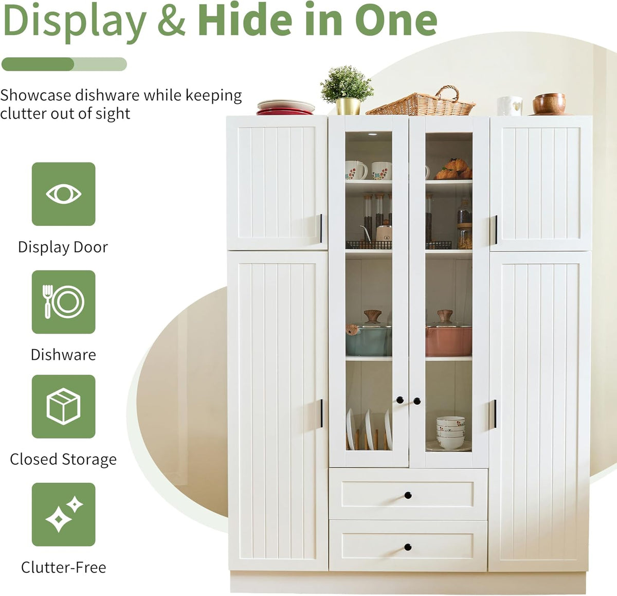 roomfitters Kitchen Pantry Organizers and Storage Kitchen Cabinet, Tall Storage Hutch with Glass Doors, Wine Rack, White