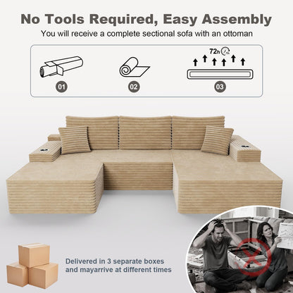 KCGKCG 106" Cloud Modular Sectional Couch with Ottoman, Modern U Shaped Corduroy Sofa, Higher 17.7" Seat Height, 32D Pure Foam, Built in Cup Holders, No Assembly Living Room(Camel, Left Facing Chaise)