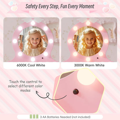 TOLEAD Girls Vanity with Lights, Mirror and Stool, Kids Make Up Vanity Set with Storage Space, Wing Pattern for Little Girls, Toddler Princess Makeup Dressing Table with Chair Set, Pink