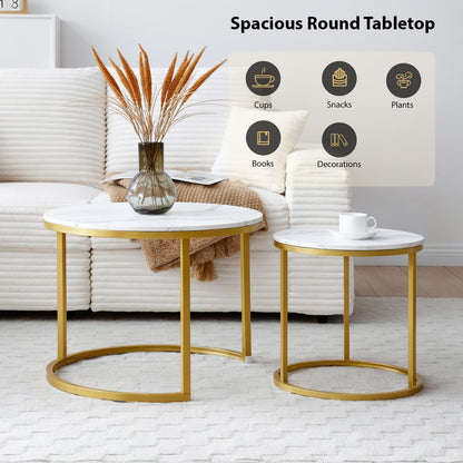 Nesting Coffee Table Set of 2, Round Coffee Table w/Marble Pattern Top, Modern Living Room Table with Sturdy Metal Frame, Industrial End Table Side Tables for Small Space Apartment (White)