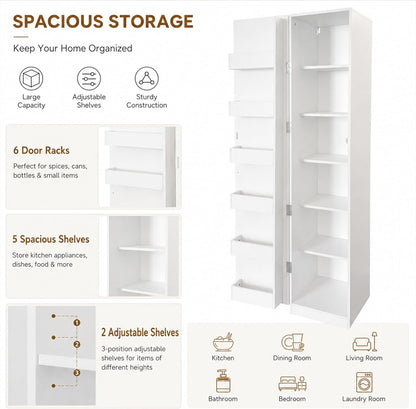 Narrow Kitchen Pantry Cabinet, 70.3" Tall Storage Cabinet with Door Racks and Adjustable Shelves, Slim Freestanding Pantry Cupboard for Kitchen, Bathroom and Small Spaces, White