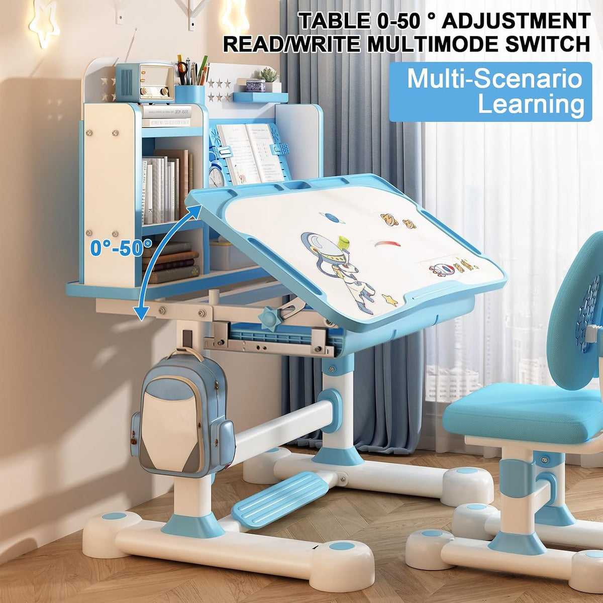 Kids Study Desk Chair Set for 3-18 Years Old, Height Adjustable Children School Study Table Chair Set with Sitting Corrector, Ergonomic Desk Chair with Book Stand, Foot Pedal Blue