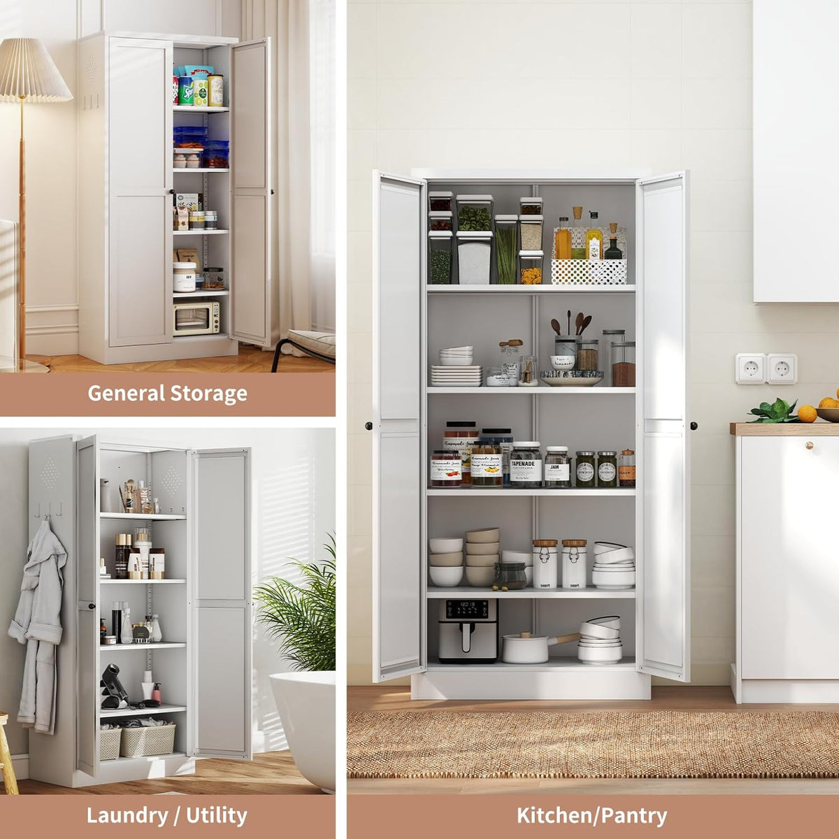 White Kitchen Pantry Cabinet, Freestanding Storage Cabinet with 5 Adjustable Shelves & Glass Doors, Magnetic Closure, for Small Kitchen Pantry Living Room Bathroom, 27.6x13.8x72 Inches