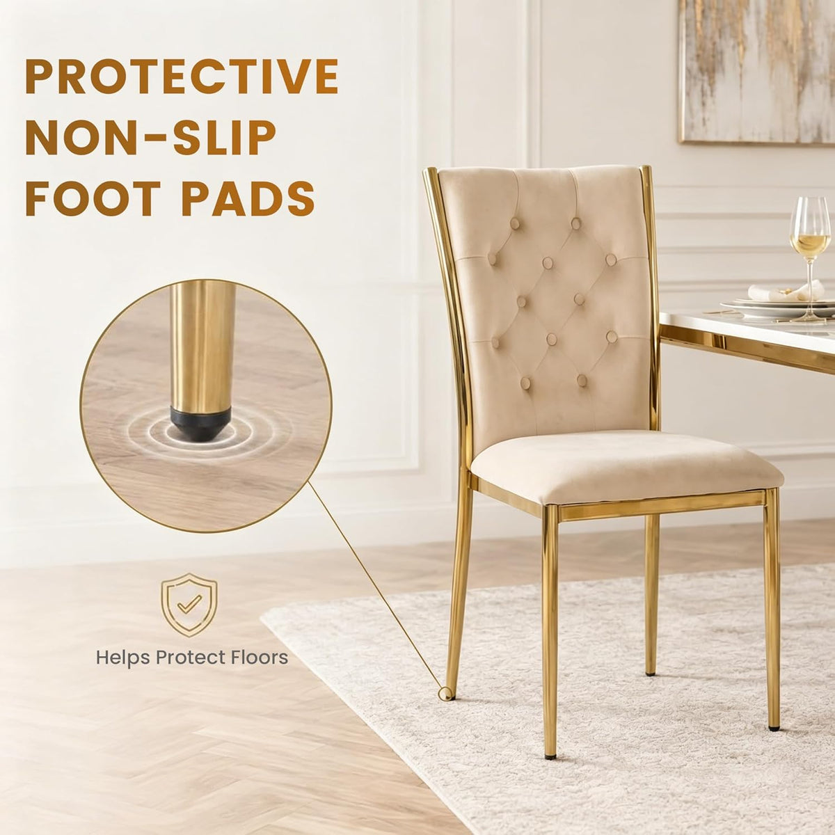 Velvet Dining Chairs Set of 4, Modern Kitchen Chair with Gold Metal Legs, Luxury Upholstered Tufted Dining Room Chairs for Home, Apartment, Living Room - Beige