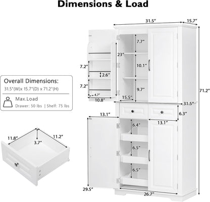 71" Tall Kitchen Pantry Cabinet with Storage, Cupboard for Kitchen