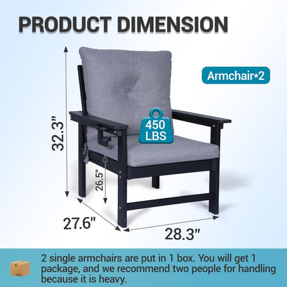 Set of 2 HDPE Adirondack Patio Armchairs, All Weather Outdoor Lounge Chairs w/ 3.5'' Thick Washable Cushions & Cup Holders, Rustproof 304 Stainless Steel Hardware for Garden Deck Poolside, Black