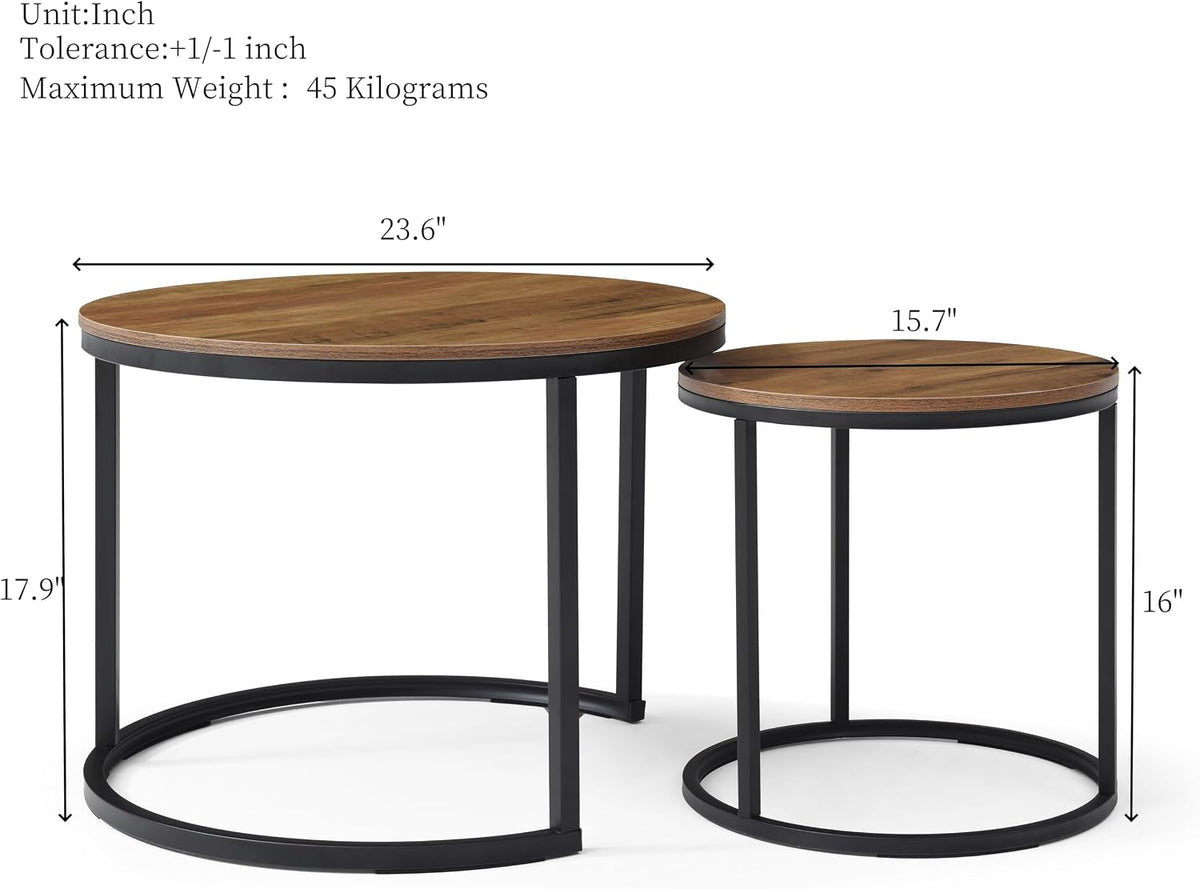 Nesting Coffee Table Set of 2, Steel Frame Circular Round Table Set, Modern Round Side Table with Non-Slip feet, Faux Marble End Tables for Living Room, Bedroom, Balcony (Walnut)