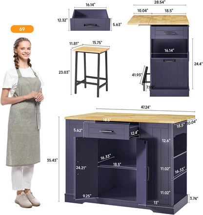 ONBRILL 47" Kitchen Island with Trash Can Storage, Include 2 Chairs, Blue | Stationary Island Table with Drop Leaf & Power Outlet, 3-Tier Spice Rack & Storage Cabinet with Adjustable Shelf
