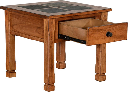 Benzara Marv Side End Table w Drawer- 26 Inch Square Slate Inlay Top- Brown