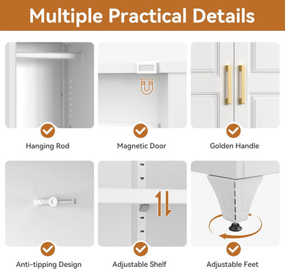 Polup 71" Metal Armoire Wardrobe Closet with Doors and Adjustable Shelves | Tall Freestanding Wardrobe Cabinet for Clothes, Heavy Duty, Hanging Rod, Bedroom, Office, School, Employee, Garage, White