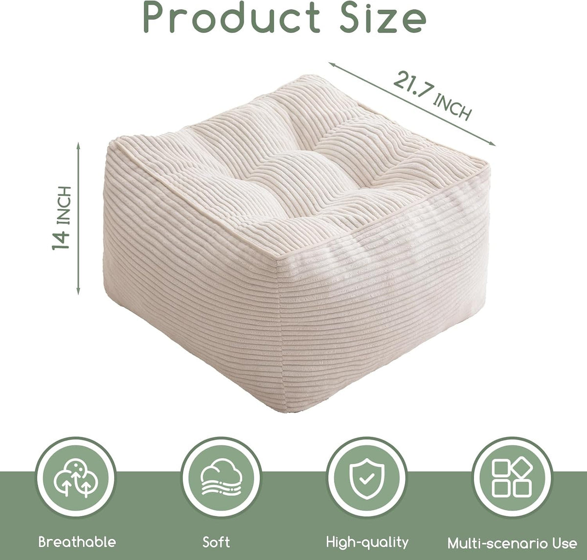HIGOGOGO Square Stuffed Pouf Ottoman, Corduroy Poufs with Foam Chunk Filling, Furry and Fluffy Pouf Foot Stool Storage Ottoman, 21 X 21 Floor Poufs Foot Rest for Living Room, Beige