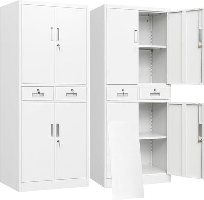 BESFUR Metal Storage Cabinet with 2 Drawers 4 Doors and 2 Adjustable Shelves Garage Storage Cabinet with Lock 71" Office Storage Cabinets Locking Cabinets for Garage Office Shop Home (White)