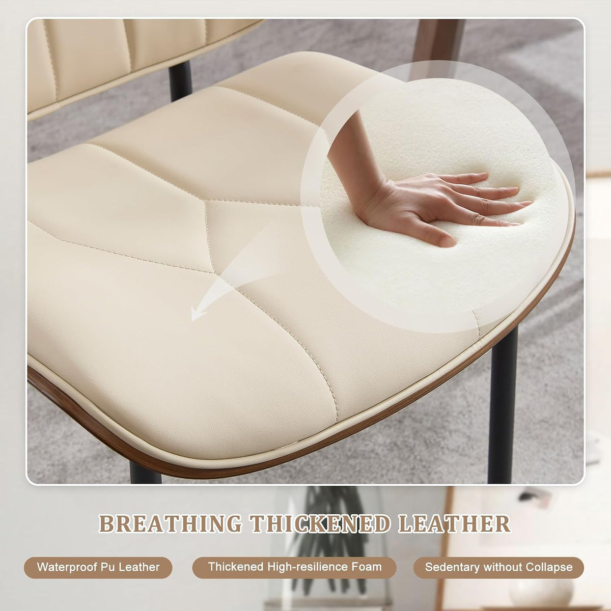 BV Mid Century Dining Chairs Set of 6, PU Leather Bentwood, Beige | Upholstered PU leather seat with walnut bentwood back, armless, retro mid-century style for kitchen, dining & living room