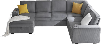 112" Sectional Couch, U Shaped Couch with Storage, Couches for Living Room | Storage Chaise, Cup Holders, USB & Type-C Charging Ports, L Shaped Sofa for Living Room & Guest Bedroom, Corduroy Grey