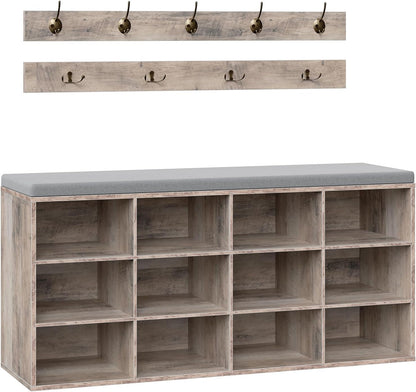 HOOBRO Shoe Storage Bench with Cushion, 39.4" L Entryway Bench with 12 Cubbies, Entryway Hall Tree with Storage, Shoe Cabinet with Coat Rack for Bedroom, Hallway, Holds up to 330 lb, Gray GY112HX01