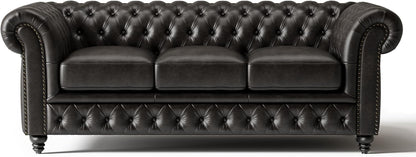 Valencia Parma Chesterfield 3 Seater Sofa 82" | Premium Leather | Mid-Century Leather Couch with Classic Button Tufted Back, Wood Legs for Living Room, Black