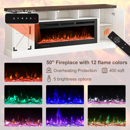 77 INCH Fireplace TV Stand for 85 Inch TVs, Farmhouse Entertainment Center with 50" Electric Fireplace and Power Outlets, LED Media Console Cabinet for Living Room, White