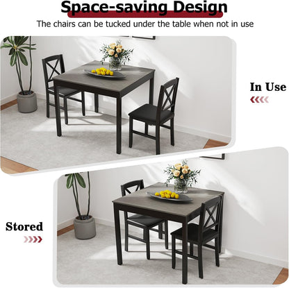 Tangkula Mid-Century Modern Dining Table Set for 2, Wooden Kitchen Table & 2 Chairs with Padded Seats, 3-Piece Compact Dining Set for Small Spaces, Kitchen, Living Room (Grey+Black)